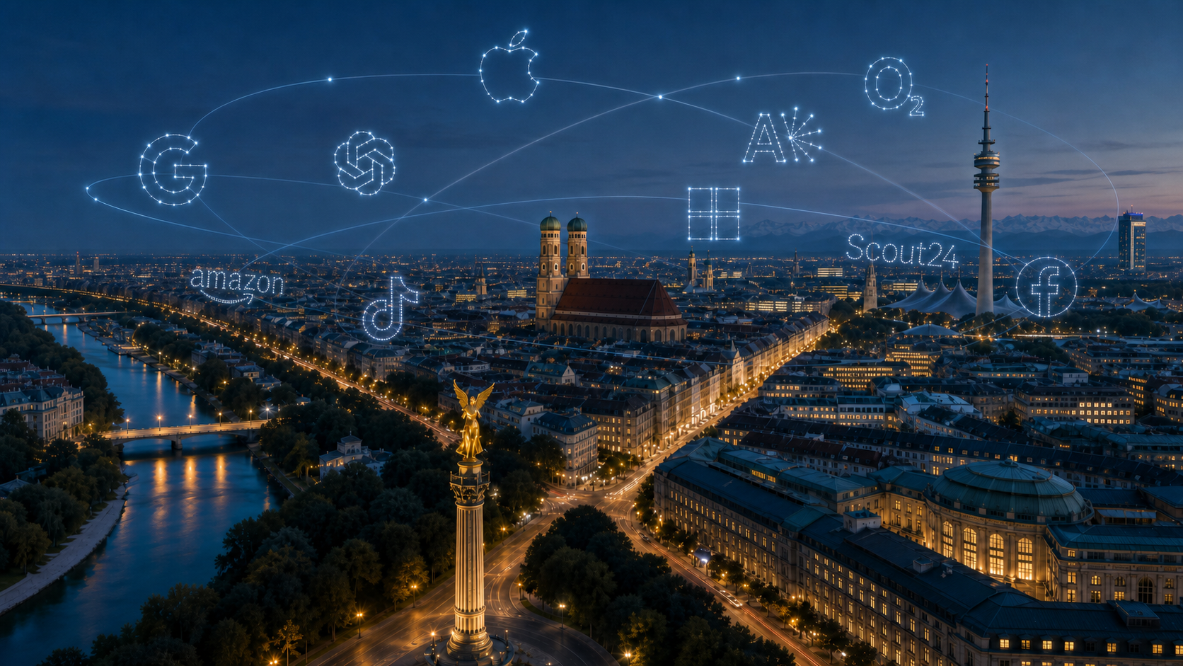 München aus der Vogelperspektive mit Friedensengel und als Sternbilder dargestellten Technologieunternehmen